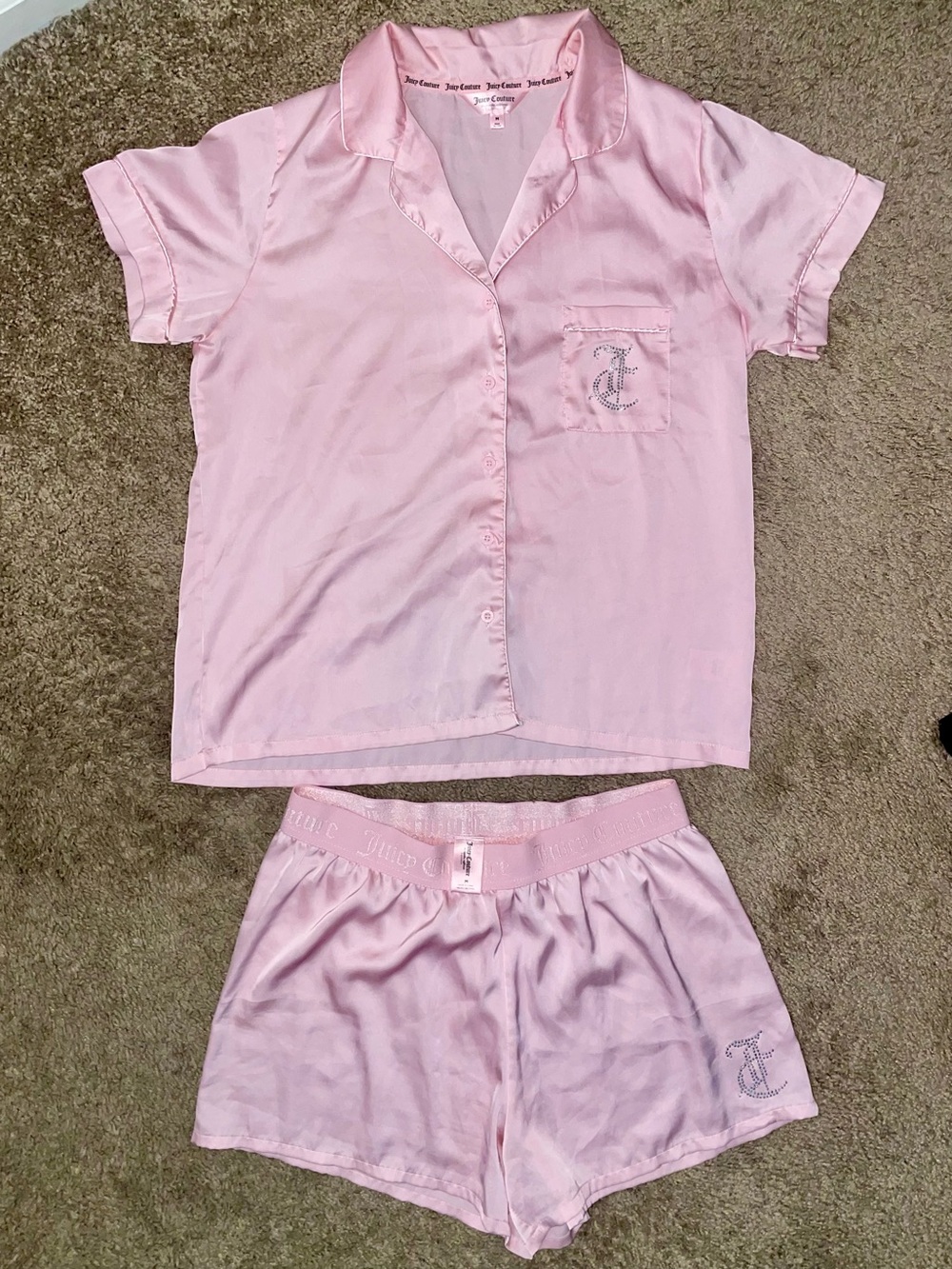 Juicy Couture Women’s Y2K Soft Pink Satin 2 Piece Pajama Set, Rhinestone Logo